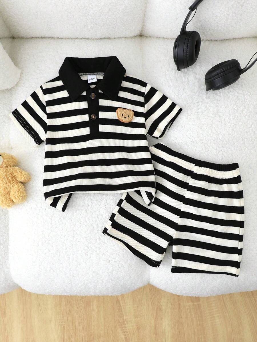 Fashionable Cute Bear Applique Black & White Striped Polo Collar Outfit For Baby Boys, Summer - Black - View 1