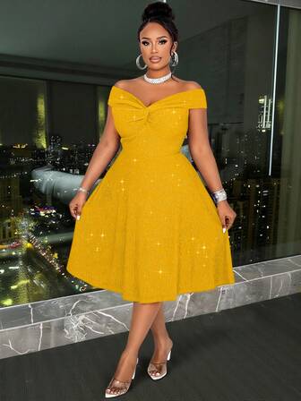 BIUBIU Vestido de línea A con hombros descubiertos, espalda descubierta y lentejuelas de unicolor con nudo retorcido para mujer de talla grande, adecuado para fiestas, cócteles, Navidad, San Valentín y otras ocasiones