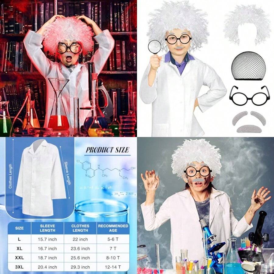Disfraz de cientifico loco para Halloween disfraz de cientifico loco para Halloween bata de laboratorio anteojos para Halloween cosplayDurable, Sólido,cultivating children's interests - Multicolor - Ver 1