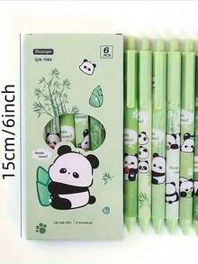 6pcs Panda & Bamboo Pattern Cute & Fashionable Push-Button Ballpoint Pens, Minimalist Design, Durable, Suitable For Girls, Black Ink - Black - View 4
