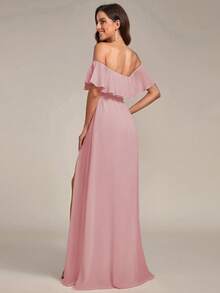 Off Shoulder Ruffles Sleeve Side Split A-Line Bridesmaid Dress Wedding Guest Dress Wedding - Baby Pink - View 3