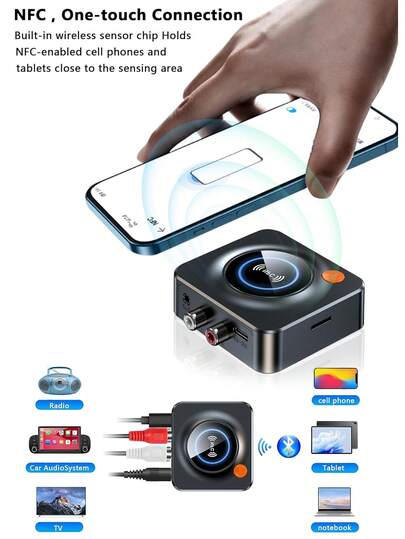 适用于家庭立体声的蓝牙接收器，支持NFC快速配对，配备3.5mm AUX/RCA接口和TF卡槽，无线蓝牙音频适配器，低延迟，适用于家庭音乐串流立体声系统