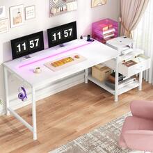 EnHomee 48.1" Computer Desk With Power Outlet & LED Lights Reversible Office Desk With Drawers & Shelf To Storage Small Desk For Bedroom,Dorm Vanity Table,White - 白色 - 查看 5