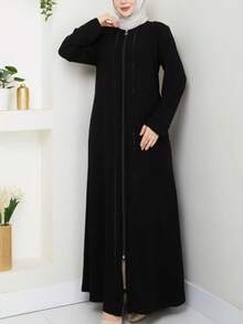Black Elegant European & Middle Eastern Style Women's Long Robe Dress, Zipper Rhinestone Long Sleeve Luxurious Abaya Jalabiya Spring - Black - View 3