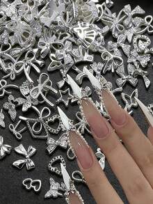 50件套Y2K银色混合金属美甲装饰品，银色混合心形、蝴蝶结、皇冠、水钻合金套装，闪亮珠宝美甲装饰，情人节送给女性和女孩的美甲礼物 - 彩色 - 查看 4