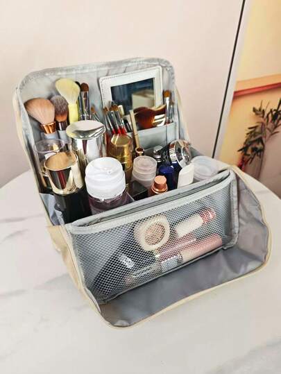 升级版大容量化妆包，简约时尚，便携式旅行化妆洗漱包，带隔层，可收纳洗漱用品，可挂在行李箱拉杆上，内置镜子——旅行必备化妆包。