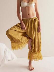 Pantalones bombachos de encaje con retazos de tiro medio para mujer, estilo Y2K, con volantes, acampanados y bonitos pantalones largos tipo calabaza. - Amarillo - Ver 1