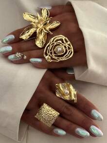 4枚复古夸张金属几何波浪褶皱仿珍珠戒指，独特甜美朋克风不对称椭圆形合金包裹开口戒指，适合女性假日派对约会日常佩戴，可作为礼物 - 銀色 - 查看 1