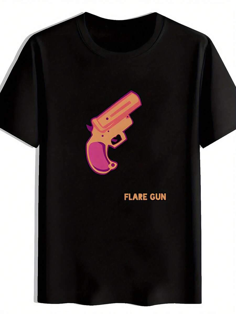 Camiseta gráfica negra para hombres con estampado de banda de rock retro; diseño FLARE GUN - camiseta casual de verano de manga corta y cuello redondo. Top de poliéster lavable aáquina para conciertos. Festivales. Vacaciones en la playa. Camisetas de rock and roll. Ropa de festival. Tela Ligera - Negro - Ver 1