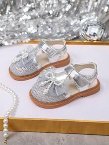 儿童时尚百搭镂空休闲凉鞋，女童蝴蝶结可爱幼儿凉鞋，包头公主凉鞋 - 銀色 - 查看 5