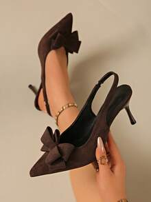 French Classic Elegant Bowknot Strap Sandals, Pointed Toe High Heels, Versatile Slip-On Sandals For Spring/Summer, Suitable For Commuting And Dresses - Coffee Brown - View 3