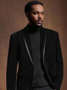 2026 Men's Casual Blazer & Pant Set  Men's 2 Piece Velvet Suit Peak Lapel One Button Slim Fit Tuxedo Blazer Party Dinner Jacket & Pants Relaxed Stretch Fit For Smart Casual Events - 黑色拼接翻領 - 查看 3