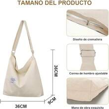 Bolso de Mano de Lona para Niñas - Bandolera Ajustable, 36x36x9 cm, Ideal para Trabajo, Compras y Escuela - A Beige - Ver 4