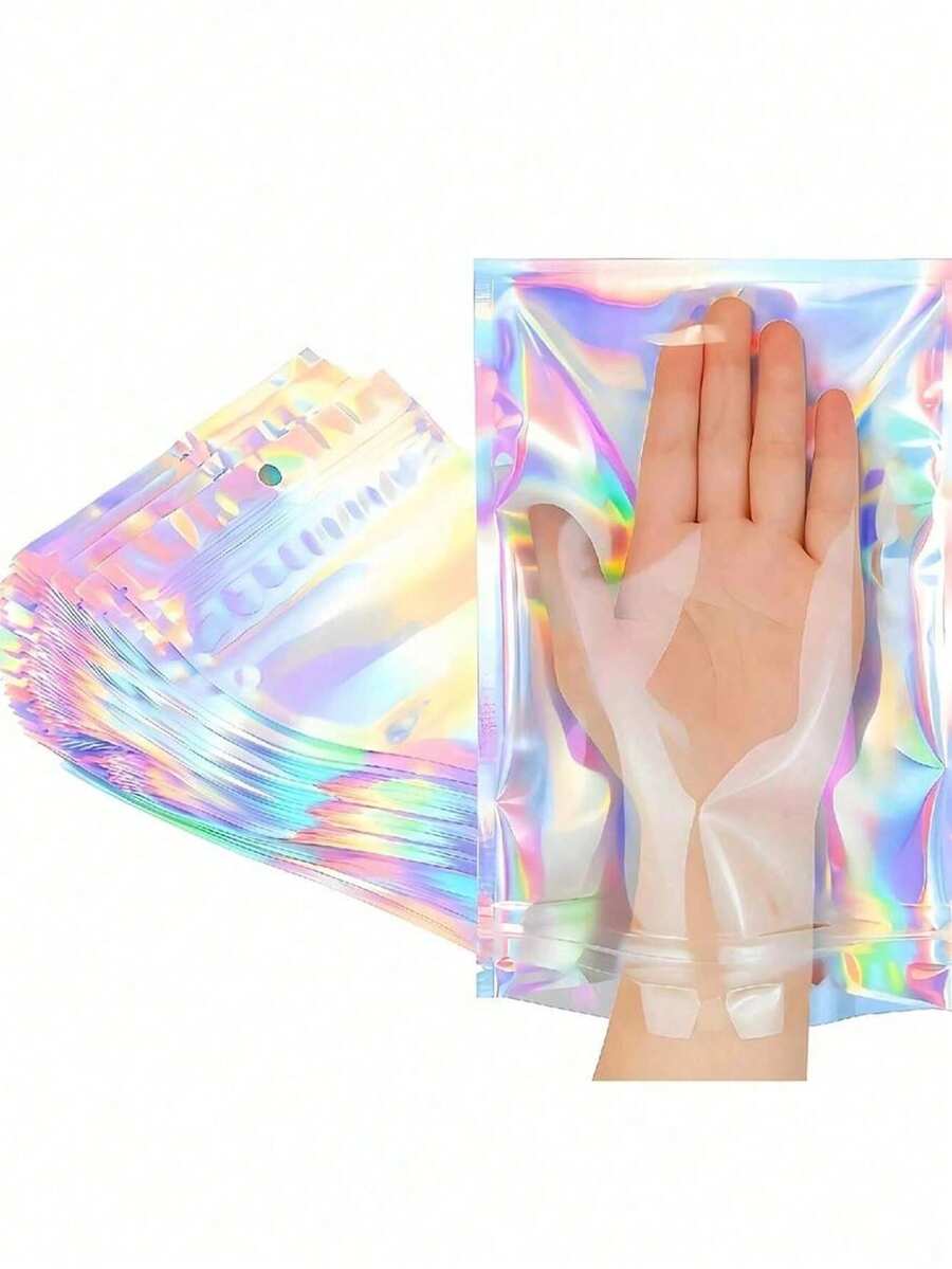 100pcs/50pcs/20pcs Holographic Resealable Packaging Bags, Laser Rainbow Gift Bags, Available In Multiple Sizes, Holographic Bags, Reusable Resealable Bags With Laser Rainbow Pattern Zipper, Laser Rainbow Pattern Resealable Bags, Suitable For Small Business Candy Bags And Front Window Sample Bags, Resealable Bags, Holiday Gift Candy Bags, Jewelry Bags, Christmas - Multicolor - View 1