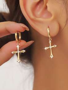 Hihho 1pair Classic Zirconia Embedded Cross Pendant Earrings, With Elegant European And American Luxury Charm, Suitable As A Distinctive Gift For Women's Daily Wear Or Occasions - Yellow Gold - View 7