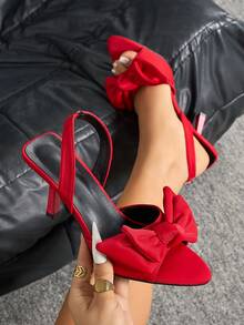 Giày sandal cao gót mũi nhọn bằng satin dành cho nữ, có nơ trang trí, quai hậu co giãn, thanh lịch, thích hợp cho tiệc tùng, mặc hàng ngày, họp mặt, lễ hội, đi làm, mùa xuân/hè. - Đỏ - Xem 11