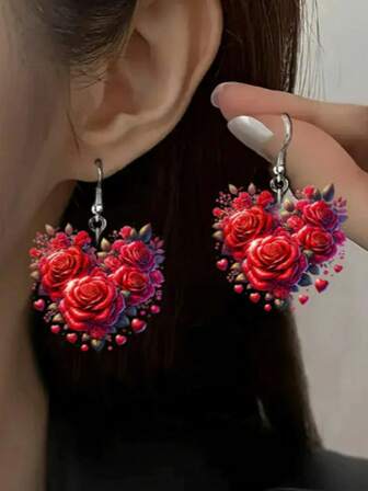 1 Pair Romantic French Valentine's Day Heart & Rose Cute Versatile Delicate Mori Style Earrings