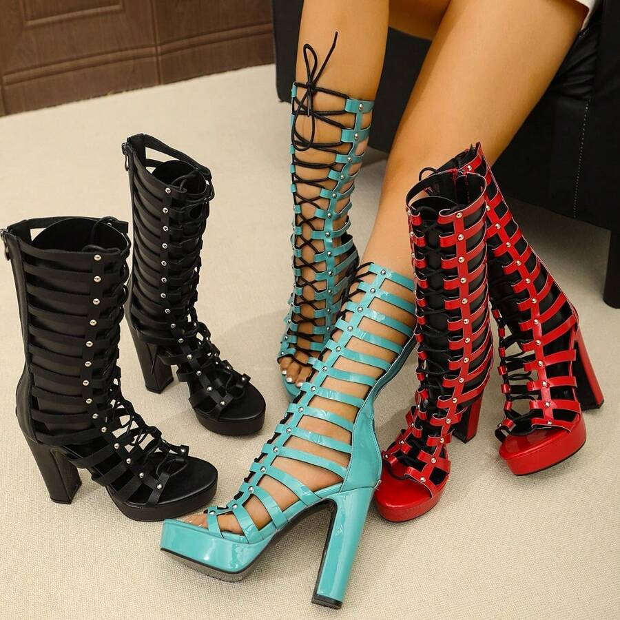 Plus Size High Heel High Top Lace-Up Shoes Fashionable Strap Design Comfortable Support Stable Step - màu đen - Xem 1