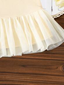 1件装幼儿女童可爱黄色背心拼接网纱连衣裙，春夏假日风格 - 黃色 - 查看 5