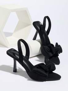 Women's Pointed Toe Satin High Heel Sandals With Bow Decor, Elastic Ankle Strap, Elegant For Party, Daily Wear, Gathering, Holiday, Commuting, Spring/Summer, Sexy Black Satin High Heel Open Toe Sandals, Suitable For Dresses, Wedding - Black - View 15