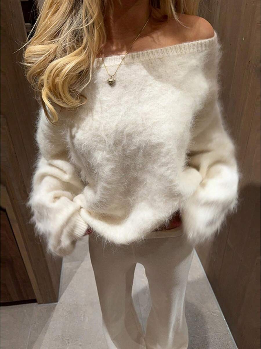 Women Mohair Off Shoulder Cropped Sweater Oversized Long Sleeve Cozy Fluffy Fuzzy Knit Pullover Tops - 白色 - 查看 1