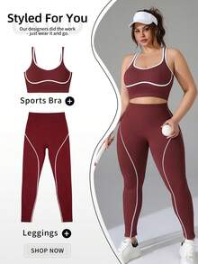 Plus Size Contrast Binding Compression Fitness Legging For Women, High Waist Tummy Control Seamless Opaque Sports Leggings, Spring Summer Workout Outfits - 紅木色 - 查看 3