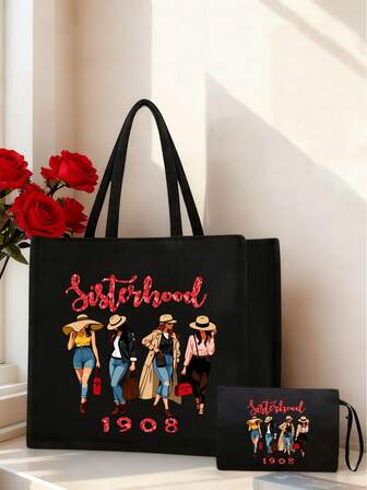 Sisterhood 1908 klassische Tragetasche mit großer Kapazität und Reißverschlusstasche, kreativ bedruckter Handtaschenaufdruck für Schwestern, tragbare Schultertasche, leicht für Reisen und Strand, modisch vielseitig für Pendeln, Einkaufen und Aufbewahrung, mit Make-up-Tasche, Geldbörse, Clutch, als Geschenk für Lehrer, Mutter, Weihnachten, Neujahr, Valentinstag