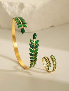 2 piezas Juego de brazalete y anillo de acero inoxidable chapado en oro de 18K con diseño de hoja y flor, decoración elegante para uso diario o festividades, regalo - Amarillo Oro - Ver 1