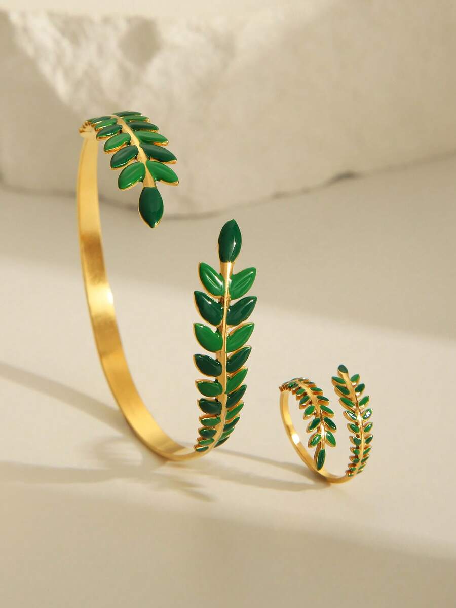 2 piezas Juego de brazalete y anillo de acero inoxidable chapado en oro de 18K con diseño de hoja y flor, decoración elegante para uso diario o festividades, regalo - Amarillo Oro - Ver 1