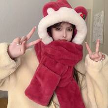 1pc Cute Strawberry Bear Ear Scarf Hat Cold-Proof Warm Hat Gloves Hooded Integrated Hat - 09-3598 帽子圍巾手套一體-黑色 - 查看 5