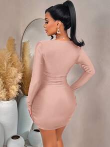 AIJ Amarilo Elegant Sexy Women's Short Deep V-Neck Long Sleeve Ruched Fitted Mini Dress, Suitable For Parties And Night Out Spring - Gray Pink - View 2