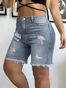 Pantalones cortos vaqueros de ciclista de talla grande con lavado con agua, diseño rasgado y desgastado con dobladillo deshilachado, ajuste elástico casual de alta calle - Lavado ligero - Ver 2