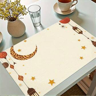 4pcs Ramadan Theme Placemats, Featuring Minimalist Crescent Moon And Lantern Patterns Accented With Stars, Suitable For Gatherings, Dining, And Holiday Decor. Size: 30x45cm, Applicable For Home Decor, Holiday Table Decor, Farmhouse Holiday Decor, Farmhouse Style Decor, Washable, Durable Material, Holiday Table Decor, And Home Entertainment.