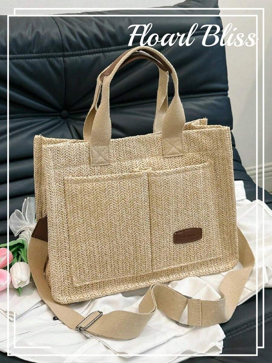 Spring Canvas Solid Color Practical Tote Bag, Shoulder Bag, Mommy Bag, Lunch Bag, Large Capacity Handbag, Briefcase - Khaki - View 1