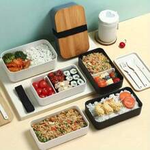 1pc Portable Leak-Proof Lunch Box With Cutlery, Japanese Bento Box, Adult Bento Box, School Lunch Box, Bamboo Lid Lunch Box, Meal Prep Container, Outdoor Travel Insulated Bag, Stackable, Reusable, Suitable For Back To School, Outdoor Travel, Office Work, Kitchen Food Storage - Multicolor - View 3