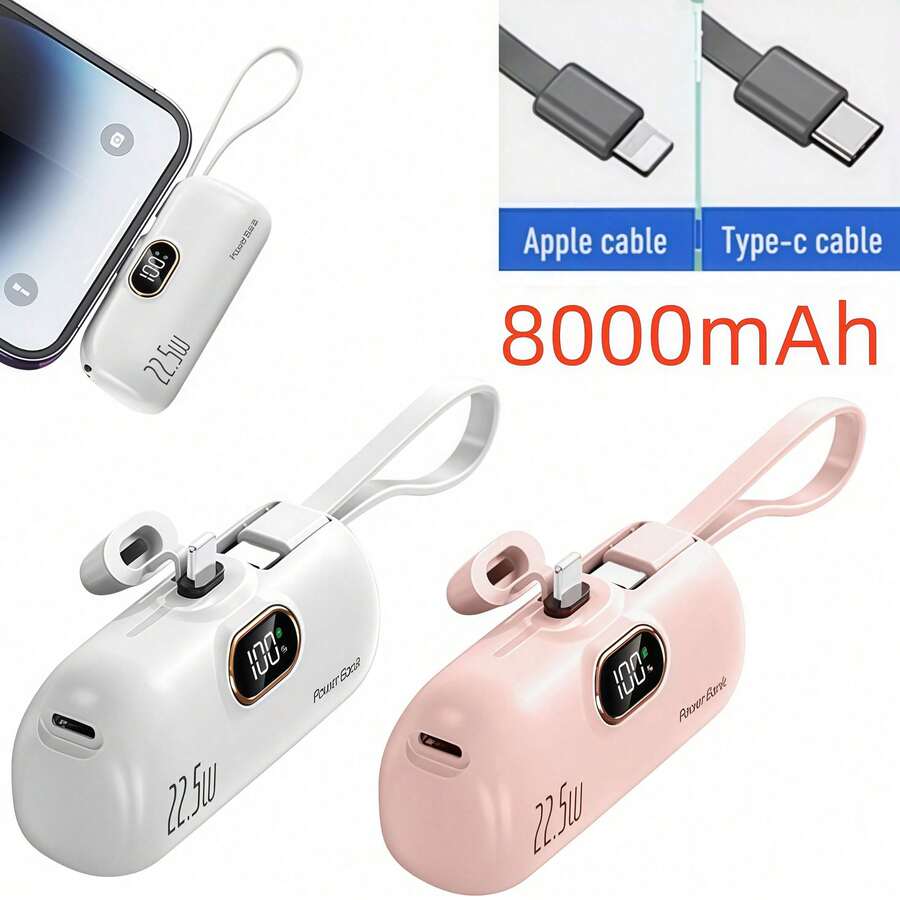 Sạc dự phòng nhanh kèm cáp và dây đeo, sạc không dây mini dạng viên nang 8000mAh, pin dự phòng di động với sạc thông minh AI và bảo vệ 7 cấp độ, sạc nhanh USB-C, pin dự phòng có màn hình LCD, tương thích với iOS/Android, sử dụng khi đi du lịch, trong trường hợp khẩn cấp, quà tặng ngày Valentine. - Nhiều màu - Xem 1