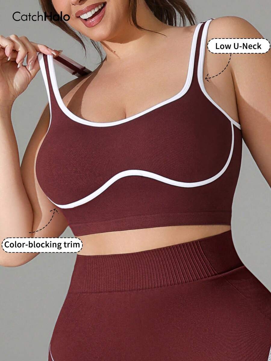 Plus Size Women's Seamless Sports Camisole, Contrast Color Trim, U-Back Design, Unlined, Suitable For Yoga & Running
