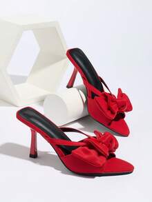 女士尖头缎面高跟凉鞋，饰有蝴蝶结，优雅派对/日常穿着，适合搭配连衣裙、婚礼、春夏装束 - 紅色 - 查看 15