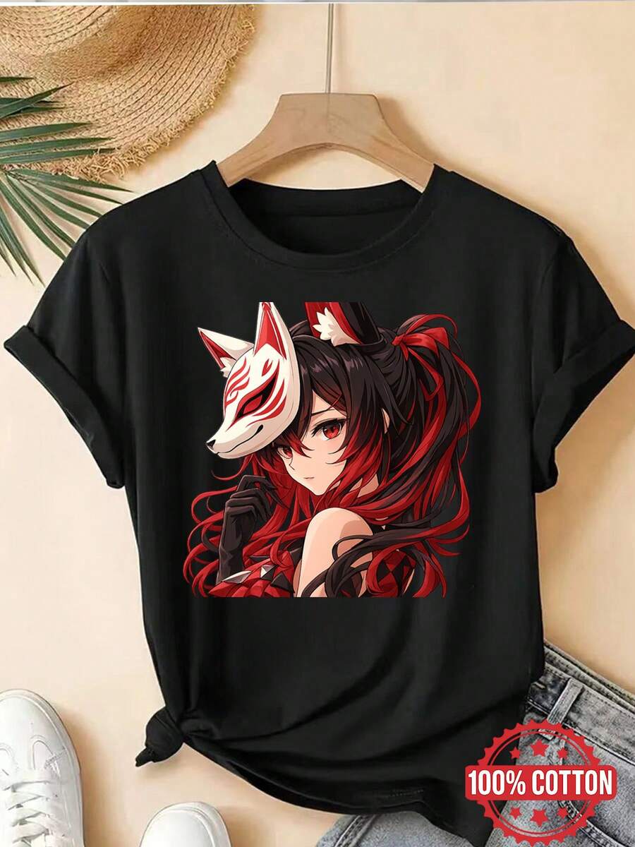 All Kitsune Fox Mask Anime Character Red Black Japanese  Round Neck Women's Fashion Tshirt  Fashion - Black - View 1