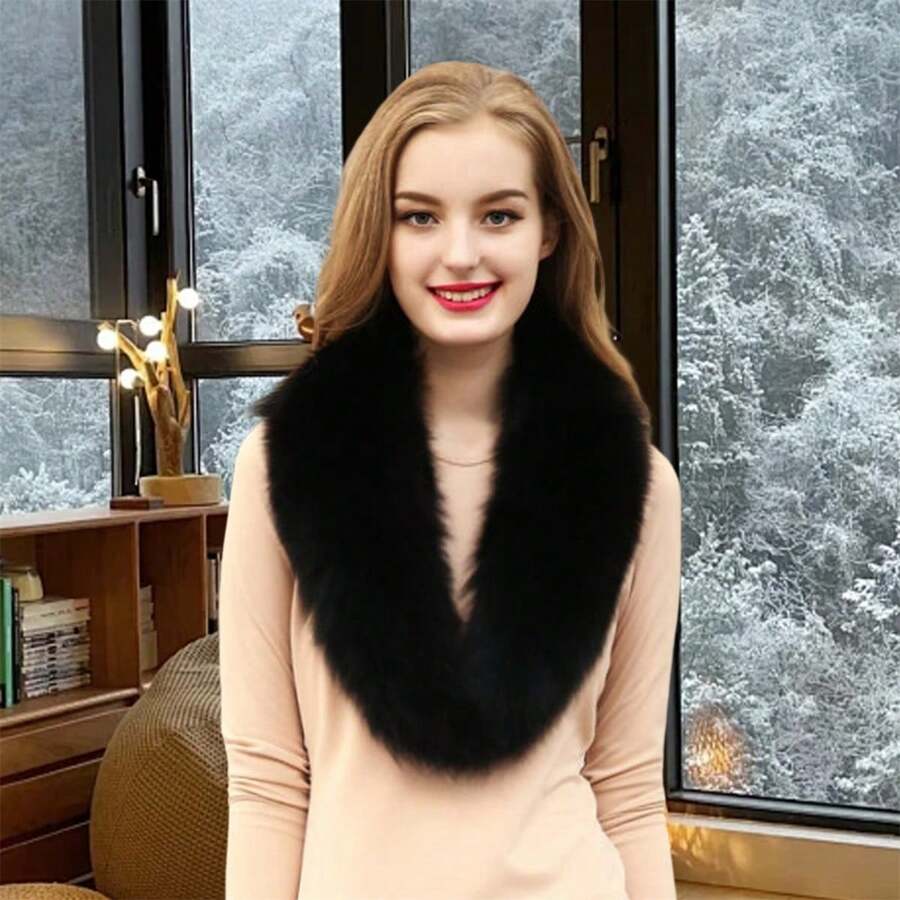 Women Faux Fur Collar Furry Neck Warmer Detachable Collar Warm Scarf For Winter Fall - 黑色 - 查看 1