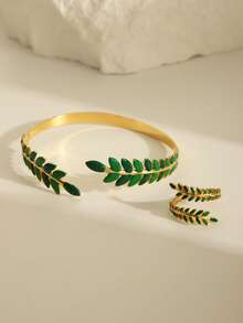 2 piezas Juego de brazalete y anillo de acero inoxidable chapado en oro de 18K con diseño de hoja y flor, decoración elegante para uso diario o festividades, regalo - Amarillo Oro - Ver 4