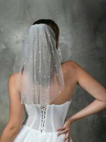 1pc Short Pearl Veil, Simple Engagement Decorative Veil, Wedding Veil, Cosplay Veil, Theme Party Veil, Proposal Veil, Easy Portable - 白色 - 查看 1