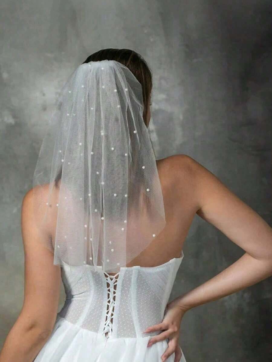 1pc Short Pearl Veil, Simple Engagement Decorative Veil, Wedding Veil, Cosplay Veil, Theme Party Veil, Proposal Veil, Easy Portable - 白色 - 查看 1