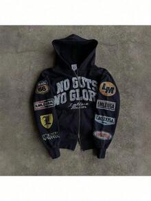 Men's Street Hip Hop Vintage Print Black Zip Up Casual Hoodie - 黑色 - 查看 3