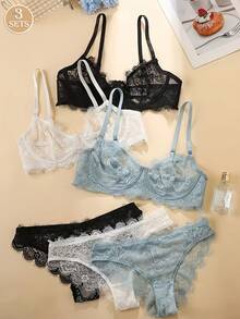 3pcs/Set Women's Sexy Lace Adjustable Underwire Bra Set - Multicolor - View 1