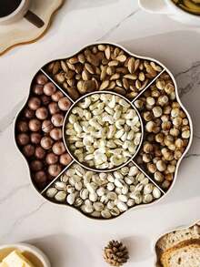 Household Partitioned Dry Fruit Tray With Lid, Nut, Candy, Snack Storage Box For Living Room, Wedding & Party Celebration,Candy Box Dry Fruit Container With Lid For Living Room 5 Compartments Snacks Organiser For Household Use - 乳白色 - 查看 3