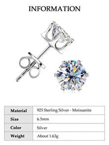 XUJIA 1對經典六爪圓形莫桑石耳環 3mm/4mm/5mm/6.5mm/8mm/9mm D色 VVS1 925純銀耳釘珠寶禮物 - 銀色 - 查看 14
