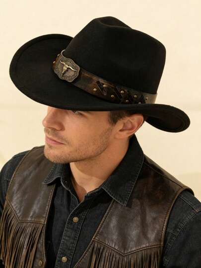 1 Sombrero de vaquero estilo occidental de poliéster para hombres, sombrero de estilo vintage unisex, con decoración en forma de toro, adecuado para uso casual diario, fiesta de vaqueros occidentales, bar de vaqueros (talla única)