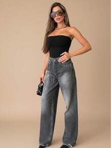 SQUALO Quần jeans ống loe suông màu xám bạc cổ điển dành cho nữ, phong cách nghỉ dưỡng Y2K. - Màu xám đen - Xem 2
