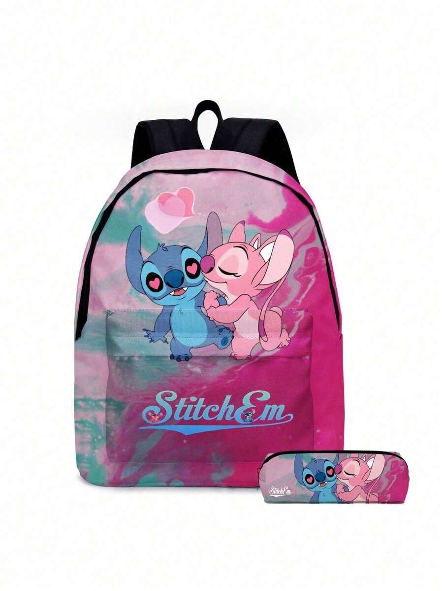 史迪奇2件套3D全印花卡通史迪奇背包和铅笔盒套装，大容量卡通背包，旅行收纳包，化妆包，旅行整理包 - 彩色 - 查看 1